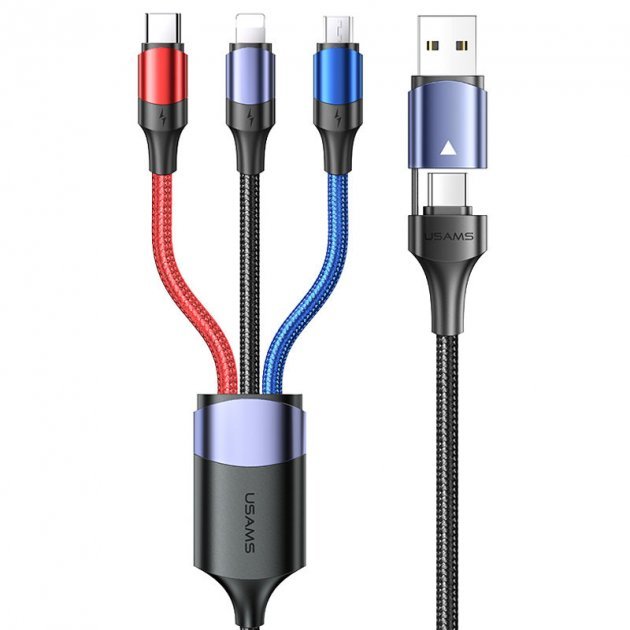 Акція на Usams USB/USB-C Cable to Lightning/microUSB/USB-C Triple Head 3in1 1.2m Black (US-SJ549) від Stylus