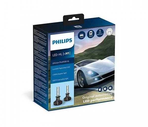 Акція на Светодиодная автолампа Philips H1 Ultinon Pro9100 +350% X2 12/24V 20W (11258U91X2) від Stylus