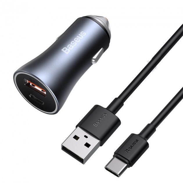 Акція на Baseus Car Charger USB+USB-C Golden Contactor Pro 40W Dark Gray with USB-C Cable (TZCCJD-0G) від Y.UA