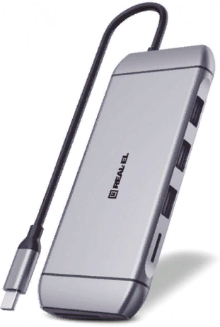 Акція на REAL-EL Adapter USB-C to HDMI+USB-C+VGA+3xUSB+RJ45 Space Grey (EL123110003) від Stylus