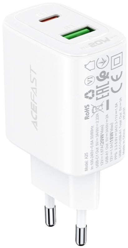 Акція на Acefast Wall Charger USB-C+USB A25 20W White від Y.UA