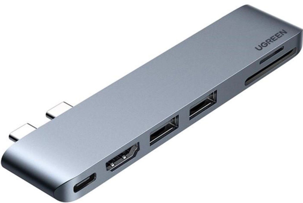 Акція на Ugreen Adapter CM380 Dual USB-C to HDMI+2xUSB 3.0 A+SD+USB-C Space Gray (80856) від Stylus