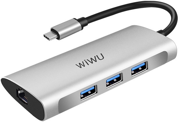 Акція на Wiwu Adapter Alpha 631STR USB-C to USB-C+3xUSB3.0+RJ45+SD+TF Card Grey від Y.UA
