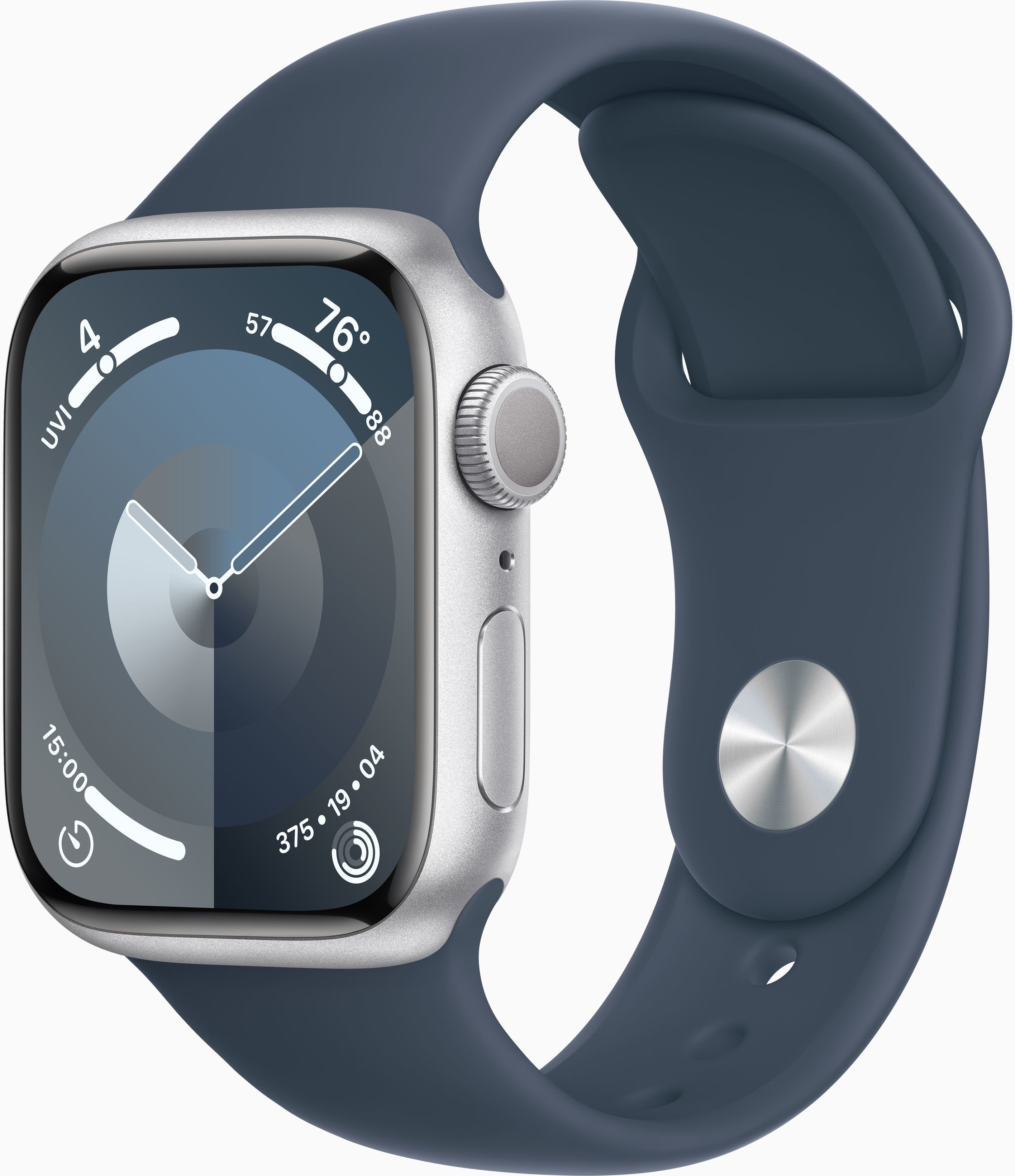 Акція на Apple Watch Series 9 41mm Gps Silver Aluminum Case with Storm Blue Sport Band - S/M (MR903) від Y.UA