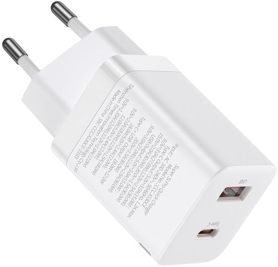 Акція на Baseus Wall Charger USB+USB-C Super Si Pro 30W White (CCSUPP-E02) від Y.UA