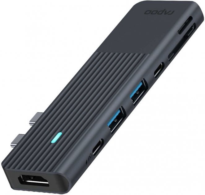 Акція на Rapoo Adapter UCM-2003 Dual USB-C to 2xUSB-C+2xUSB3.0+HDMI+SD+MicroSD Black від Stylus