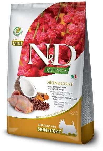 Акція на Беззерновой сухой корм для собак Farmina N&D Quinoa Skin&Coat Adult Mini диетическое питание, при пищевой аллергии с перепелом, киноа, кокос и куркума 2.5 кг (8010276040084) від Stylus