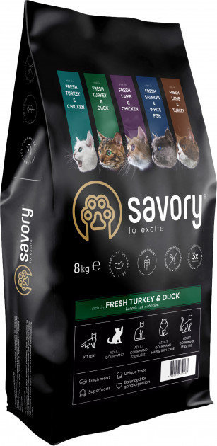 Акція на Сухой корм Savory для кошек со свежим мясом индейки и уткой, 8 кг (4820232630068) від Stylus