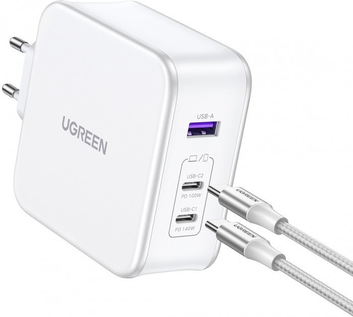 Акция на Ugreen Wall Charger 2xUSB-C+USB CD289 GaN 140W with USB-C Cable White (15339) от Stylus