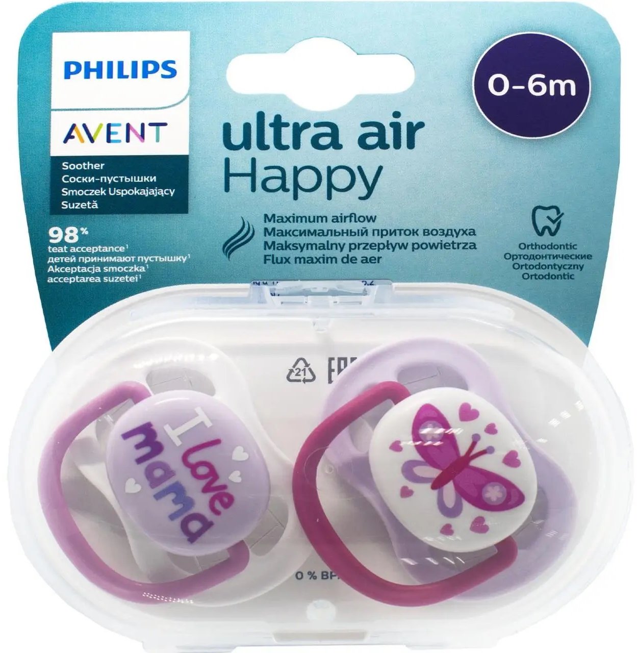 

Пустышка ортодонтическая Philips Avent Ultra Air "I love…" для девочек 0-6 мес 2 шт (SCF080/02)