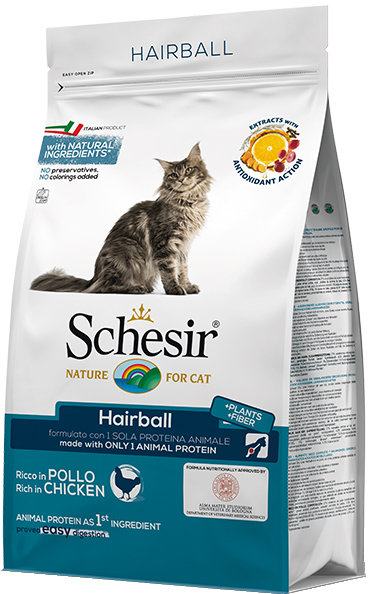 

Сухой монопротеиновый корм Schesir Cat Hairball для выведения шерсти у длинношерстных котов с курицей 0.4 кг