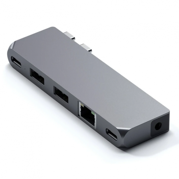 Акція на Satechi Adapter Dual USB-C to USB-C+2xUSB3.0+2xUSB-C+RJ45+3.5mm Space Gray (ST-UCPHMIM) від Stylus