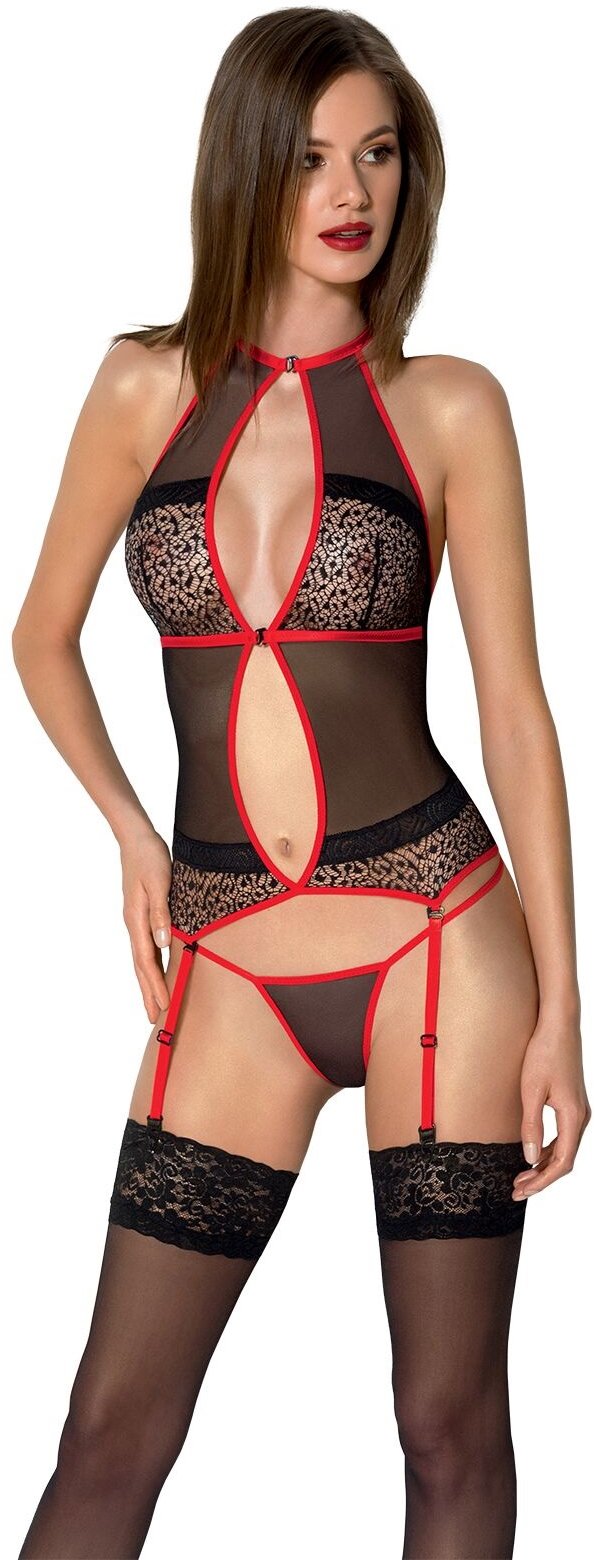 

Корсет з пажами Passion Satara Corset Вlack/Red XXL/XXXL (стрінги в наборі)