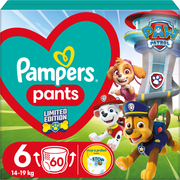 

Подгузники Pampers Extra Large Размер 6 (14-19 кг) Paw Patrol 60 шт (8006540863657)