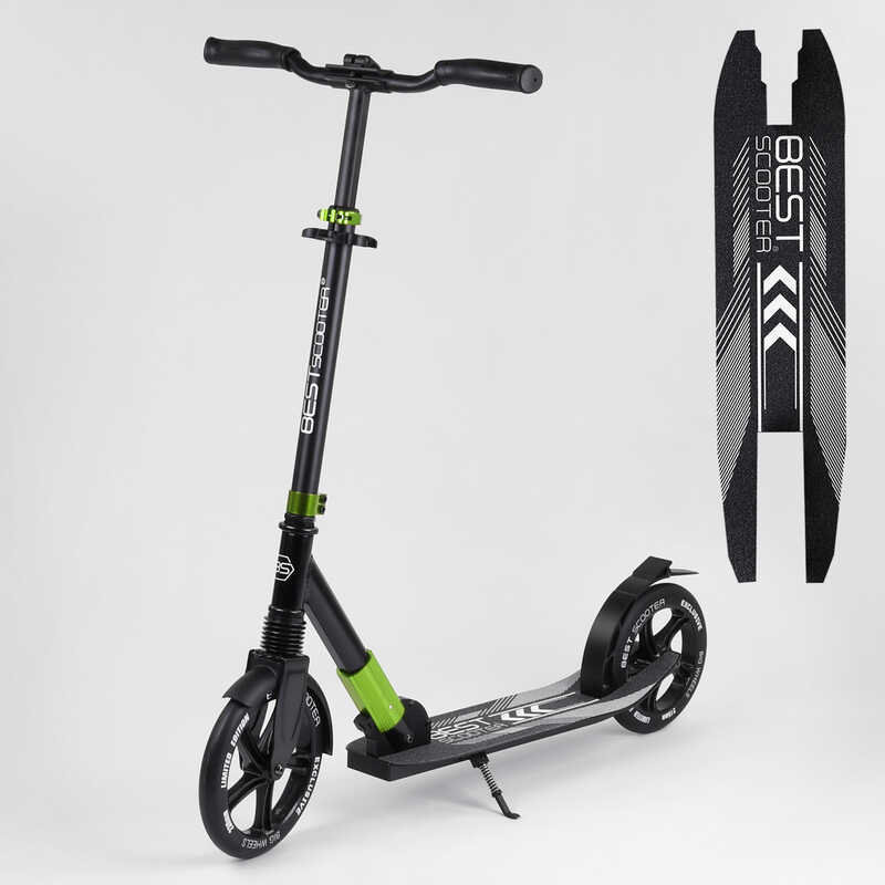 Акція на Самокат алюминиевый Best Scooter с PU колесами, и 1 передним амортизатором Black/Green (99629) від Stylus