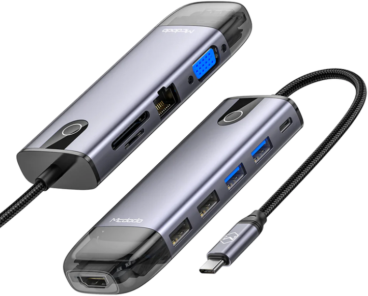 Акція на Mcdodo Adapter 10in1 USB-C to 2xUSB3.0+2xUSB2.0+VGA+HDMI+RJ45+SD+MicroSD Grey (HU-7420) від Y.UA