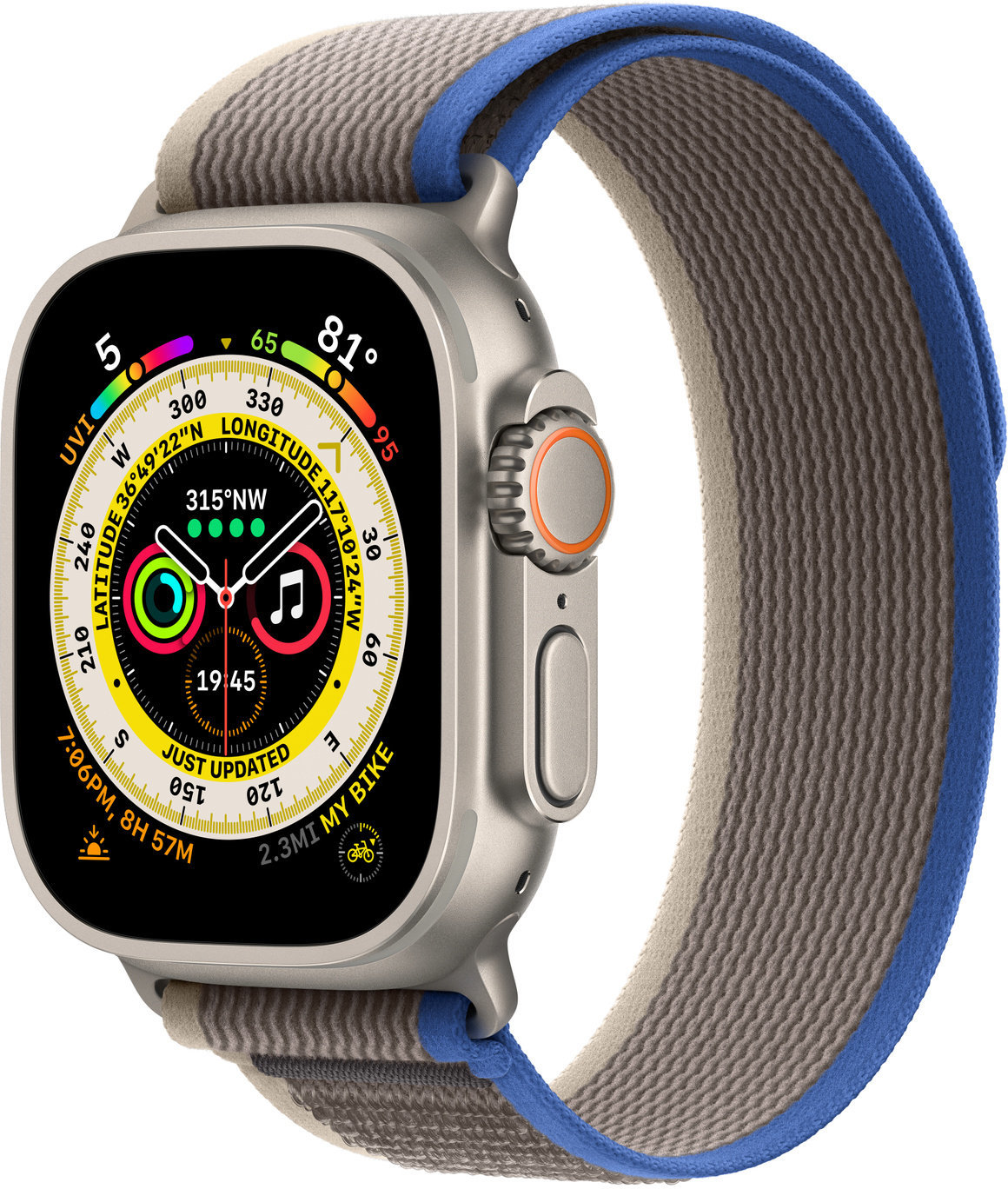 

Apple Watch Ultra Gps + Cellular 49mm Titanium Case with Blue/Gray Trail Loop - M/L (MQFV3/MQF33)