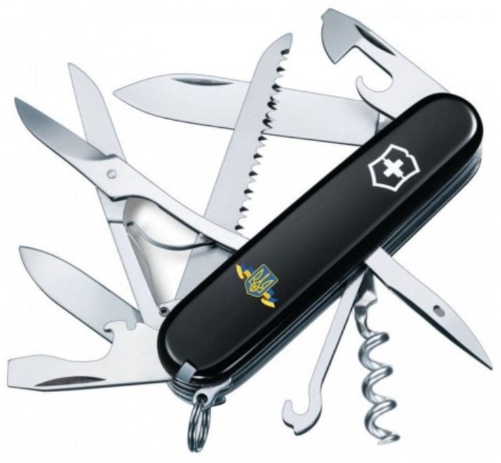 Акція на Victorinox Huntsman Ukraine 91мм/15 функций/черный /Герб Украины с ленточкой (1.3713.3_T1010u) від Stylus