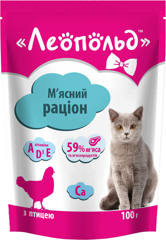 

Влажный корм для кошек Леопольд Мясной рацион с птицей 100 г х 24 шт. (4820185491464-24)