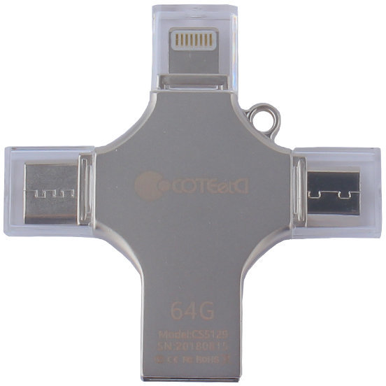 Акція на COTEetCI 64GB 4-in-1 Zinc Alloy iUSB Silver (CS5129-64G) від Y.UA