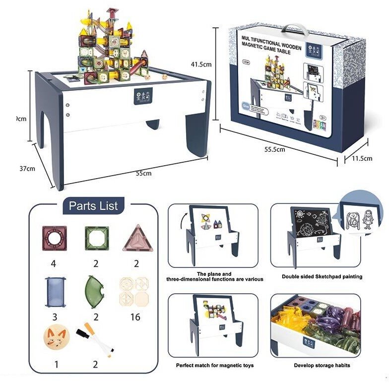 Акція на Конструктор магнитный 30 деталей, тоннели, шарик, деревянный стол 55х37х23 см, двусторонняя доска для рисования, маркеры, в коробке (XC-B 13) від Stylus