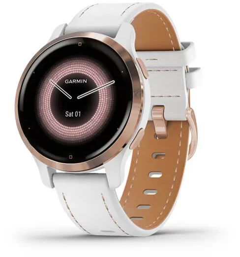 

Garmin Venu 2S Rose Gold Stainless Steel Bezel with White Case and Leather Band (010-02429-23)