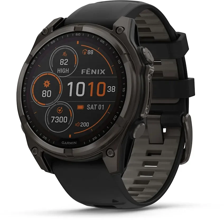 

Garmin Fenix 8 Solar 47mm Sapphire Carbon Grey Dlc Titanium with Black/Pebble Grey Silicone Band (010-02906-11)