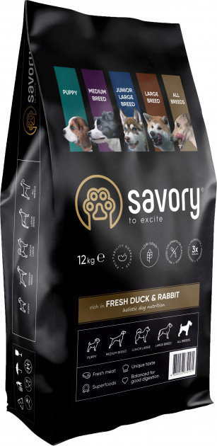 Акція на Сухой корм Savory для собак всех пород со свежим мясом утки и кроликом, 12 кг (4820232630181) від Stylus