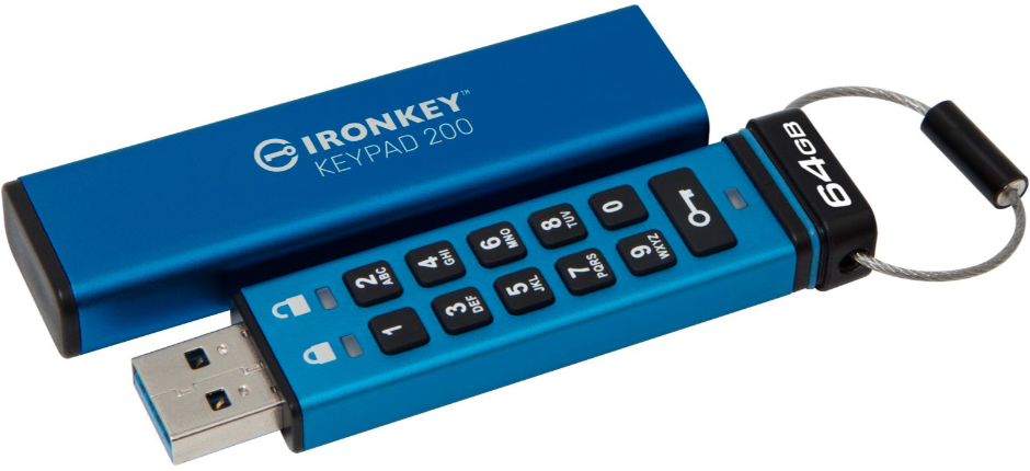 Акція на Kingston 64GB IronKey Keypad 200 AES-256 Encrypted Usb 3.2 Blue (IKKP200/64GB) від Y.UA