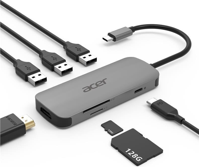 Акція на Acer Adapter Dongle USB-C to USB-C+HDMI+3xUSB3.2+SD/TF Silver (HP.DSCAB.008) від Stylus