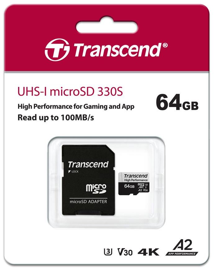 

Transcend 64GB microSDXC Class 10 UHS-I U3 V30 A2 + adapter (TS64GUSD330S)