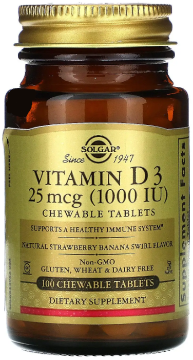 

Solgar Vitamin D3 Natural Strawberry And Banana Flavor Вітамін Д3 1000 МО 100 жувальних таблеток