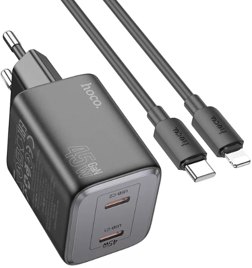 Акція на Hoco Wall Charger N42 Elogiado 2xUSB-C 45W Black with USB-C to Lightning Cable від Stylus