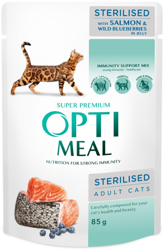 

Влажный корм Optimeal Adult Cats Sterilised для стерилизованных/кастрированных для кошек с лососем и черникой в желе 12х85 г (4820269140141)