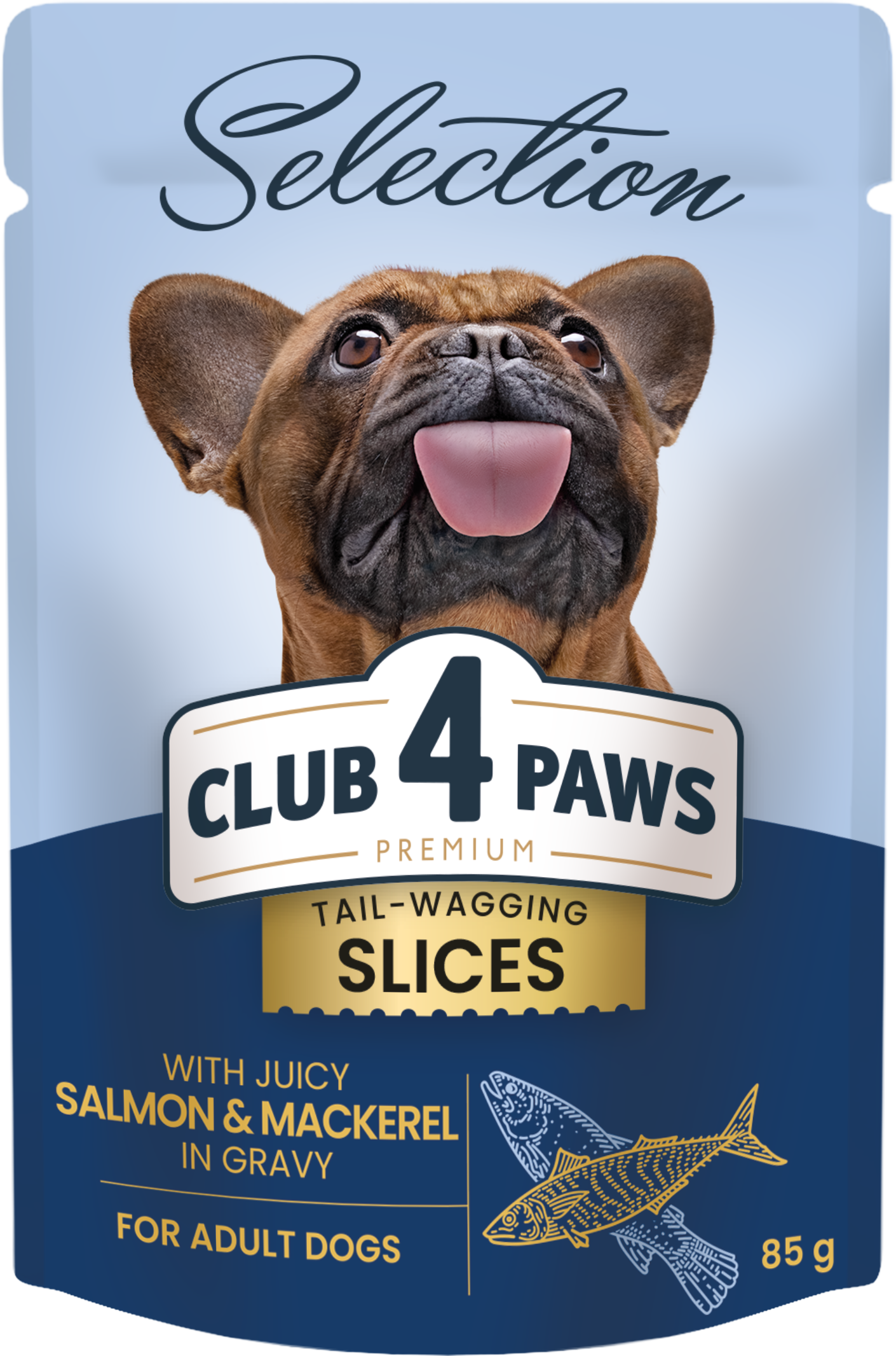 Акція на Вологий корм Club 4 Paws Selection Slices Dog Salmon & Mackerel in Gravy слайси в соусі з лососем і макрелью для собак малих порід 12х85 г (4820215368056) від Y.UA