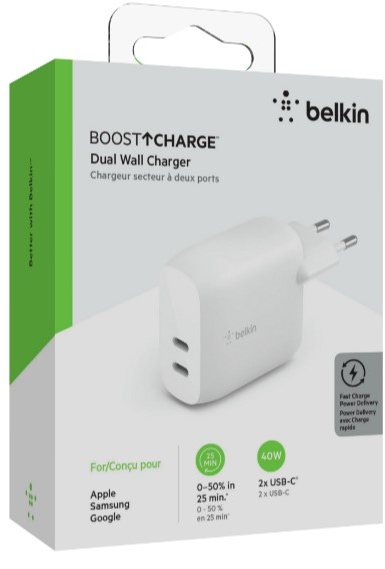 Акція на Belkin Wall Charger 2хUSB-С 40W White (WCB006VFWH) від Stylus