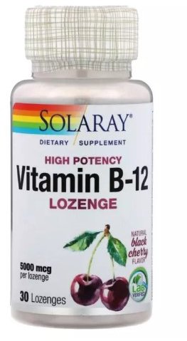 

Solaray Vitamin B12 Natural black cherry flavor 5000 mcg Вітамін B12 30 льодяників