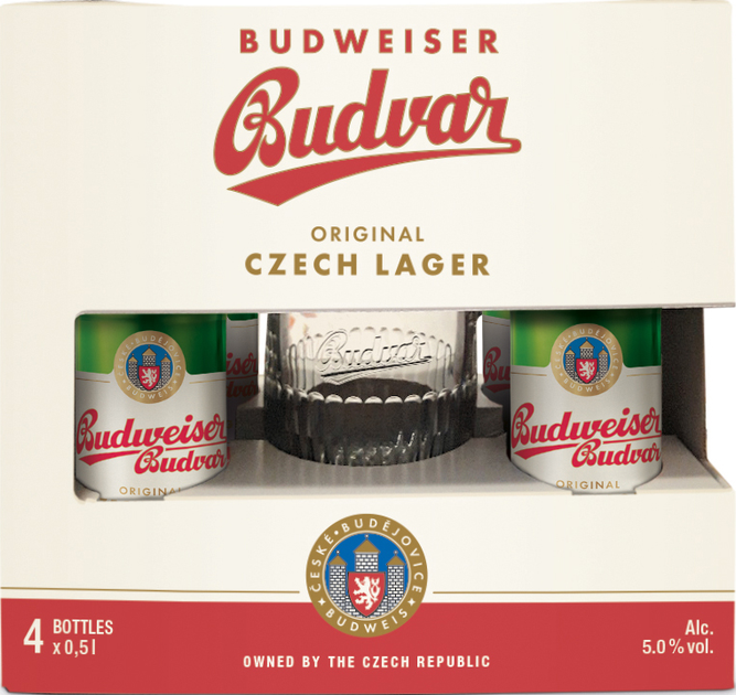 Акція на Подарунковий набір пива Budweiser світле фільтроване 5% 4х0.5 л + кухоль 0.5 л (8594403707380) від Y.UA