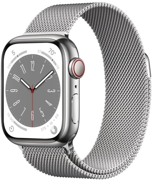 

Apple Watch Series 8 41mm GPS+LTE Silver Stainless Steel Case with Silver Milanese Loop (MNJ73/MNJ83)