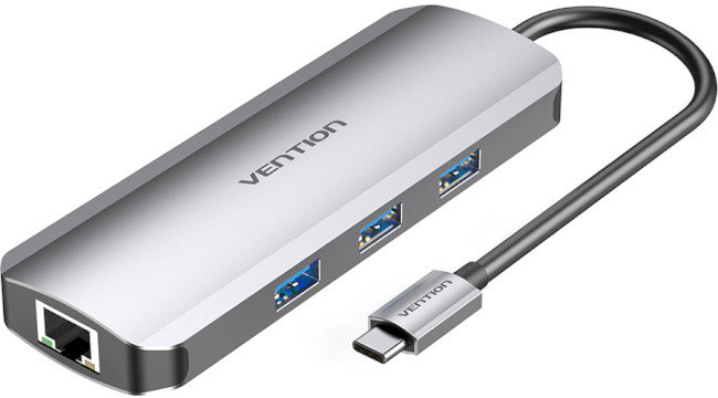 Акція на Vention Adapter USB-C to HDMI+3xUSB3.0+RJ45+SD/TF+PD 100W (TOKHB) від Stylus