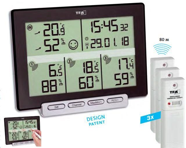 

Термогигрометр цифровой Tfa "MULTI-SENSE", 3 внешних радиодатчика, 157x42x120 мм