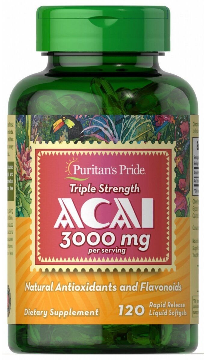 

Puritan's Pride Triple Strength Acai 3000 mg Тройная сила Асаи 120 гелевых капсул