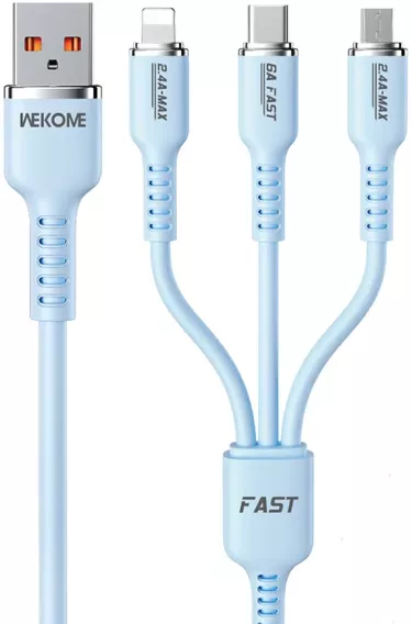 Акція на Wk Usb Cable to Micro USB/Lightning/Type-C Tint Series Real Silicon Super Fast Charging 66W Blue (WDC-07th) від Stylus
