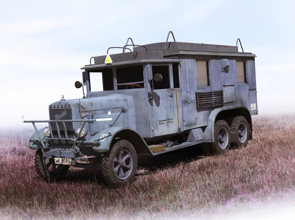 

Німецький автомобіль радіозв'язку Henschel 33 D1 Kfz.72 ІІ МВ Wwii German radio communication truck (ICM35467)