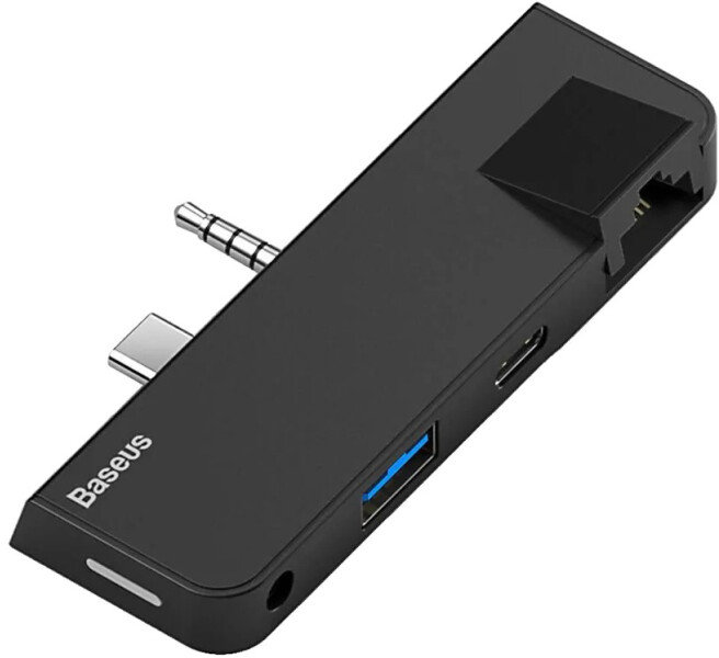 Акція на Baseus Adapter USB-C+3.5mm to USB3.0+RJ45+USB-C+3.5mm Black (CAHUB-FG01) від Stylus