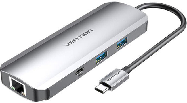 Акція на Vention Adapter USB-C to HDMI+2xUSB3.0+RJ45+USB-C+SD/TF+3.5mm+PD 100W (TOMHB) від Stylus