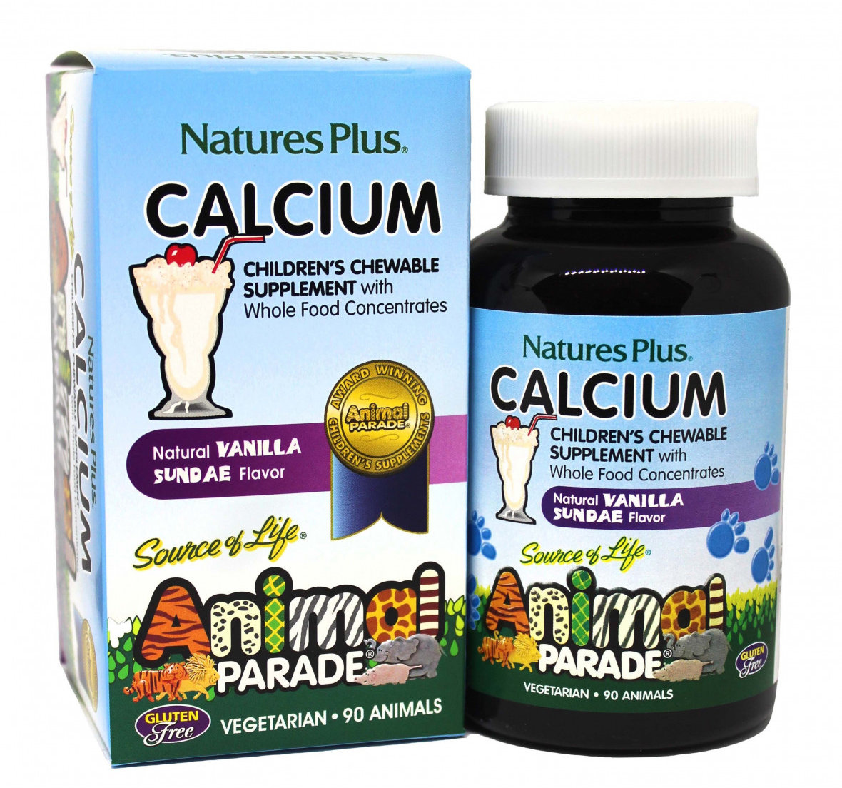 

Natures Plus Animal Parade Calcium 90 chewables Вегетарианский кальций для детей, вкус ванили