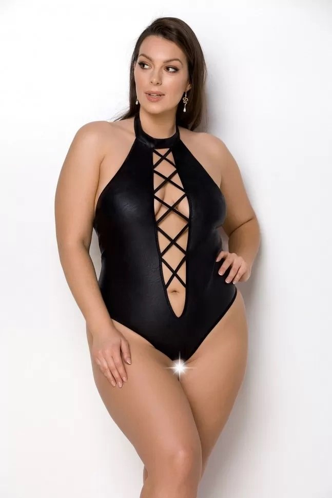 

Боди из эко-кожи с имитацией шнуровки и открытым доступом Nancy Body black 4XL/5XL - Passion