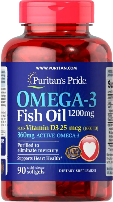 

Puritan's Pride Omega 3 Fish Oil 1200 mg plus Vitamin D3 1000 Iu Риб'ячий жир омега-3 + вітамін D3 90 гелевих капсул