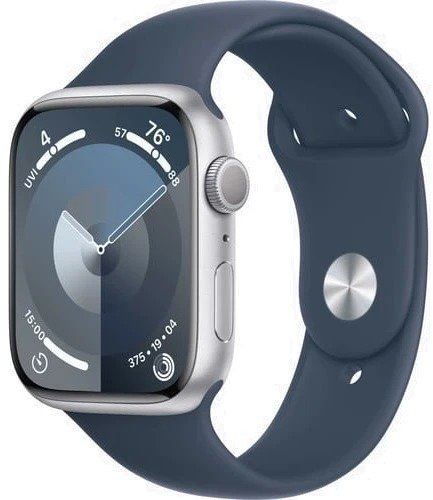 Акція на Apple Watch Series 9 45mm Gps Silver Aluminum Case with Storm Blue Sport Band - M/L (MR9E3) від Y.UA